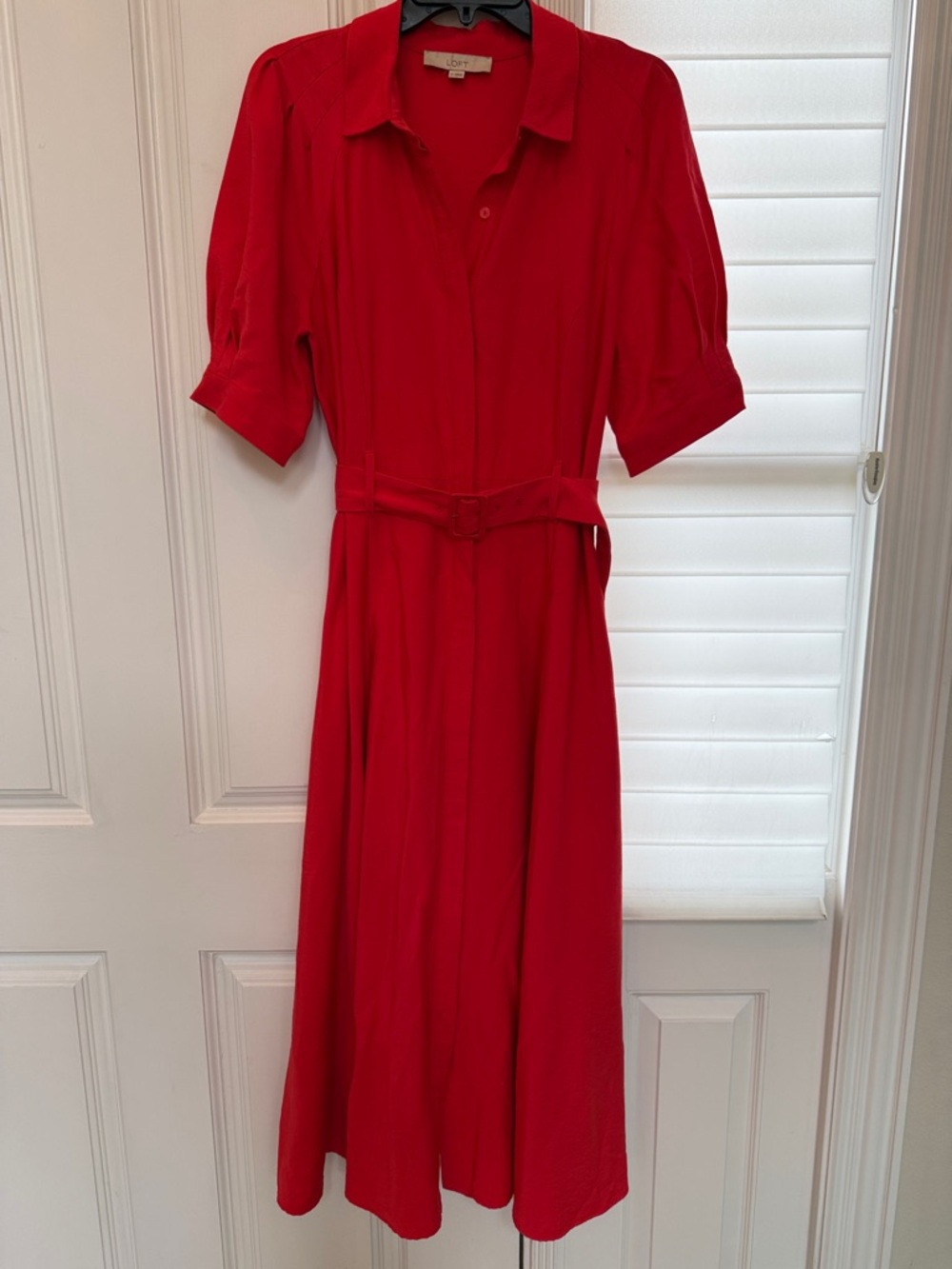 LOFT Red Belted Midi Shirt Dress